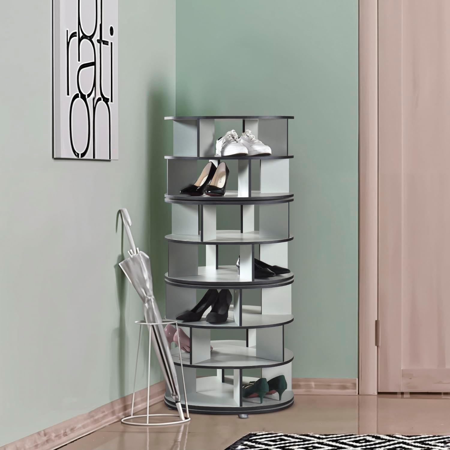 Kings Brand Furniture - 7-Tier Rotating Shoe Rack, 360° Revolving Lazy Susan Spinning Shoe Rack Tower Storage Organizer for Closet Entryway Bedroom Hallway, Green