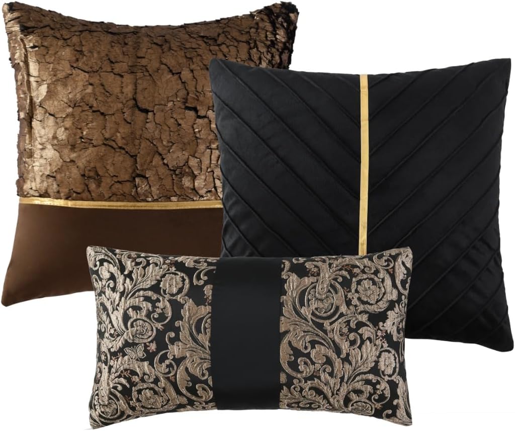 Bedduvit Luxury 7 Piece King Comforter Set - Vintage Elegant Floral Jacquard Black and Gold Bed in Bag King, Chic Stripe Botanical Patchwork Thick Bedding Set with Bed Skirt, Decorative Pillows, Shams