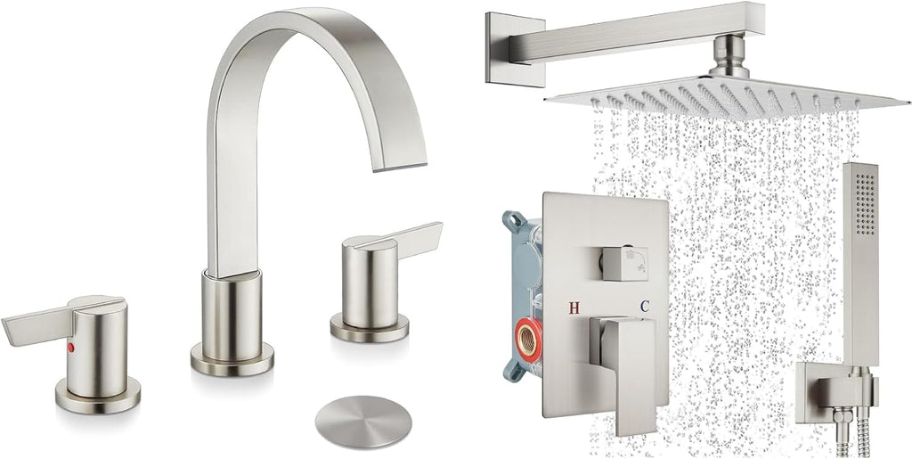 Midanya Brushed Nickel Morden Widespread Bathroom Faucet 3 Holes 2 Handles 8 Inch Vanity Faucet with 10 Inch Brushed Nickel Rain Shower Set Square Rainfall Shower Head Wall Mount Shower Faucet System