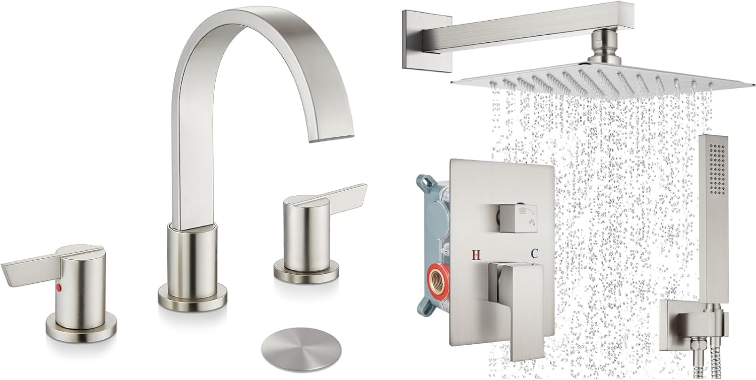 Midanya Brushed Nickel Morden Widespread Bathroom Faucet 3 Holes 2 Handles 8 Inch Vanity Faucet with 10 Inch Brushed Nickel Rain Shower Set Square Rainfall Shower Head Wall Mount Shower Faucet System