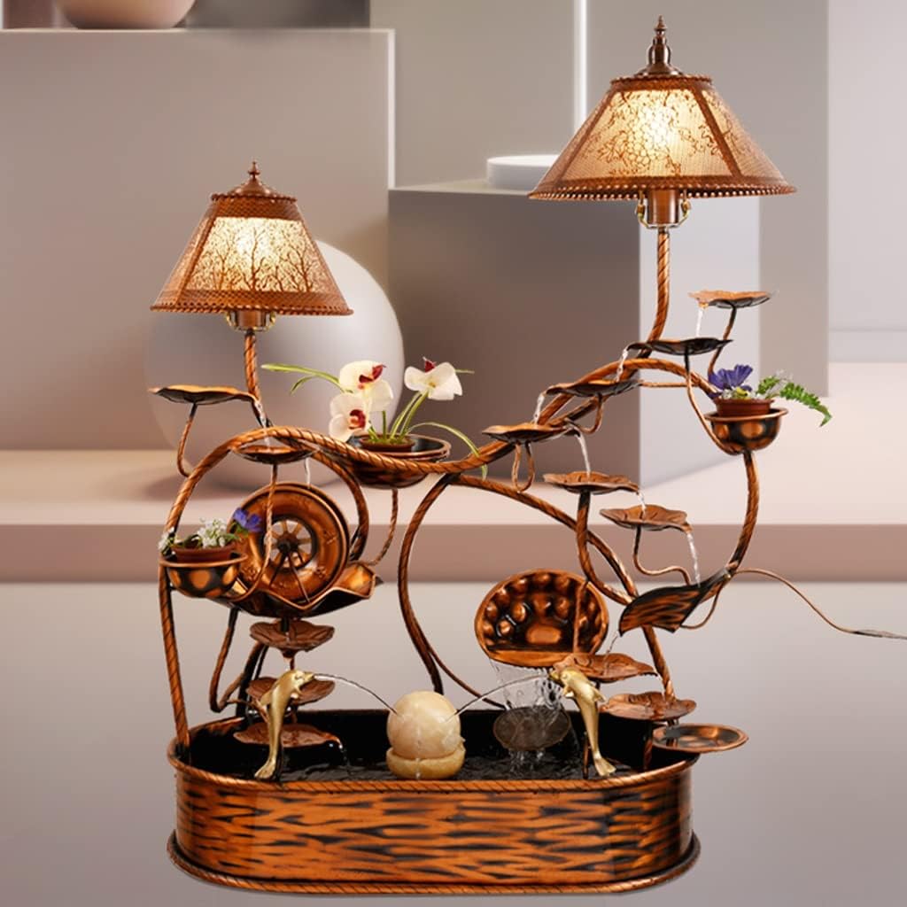 Small Fountain Indoor Copper Flowing Water Fountain Interior Decoration Waterfall Fountain Home Floor Large Waterscape Handicraft Ornaments Tabletop Fountains(C)