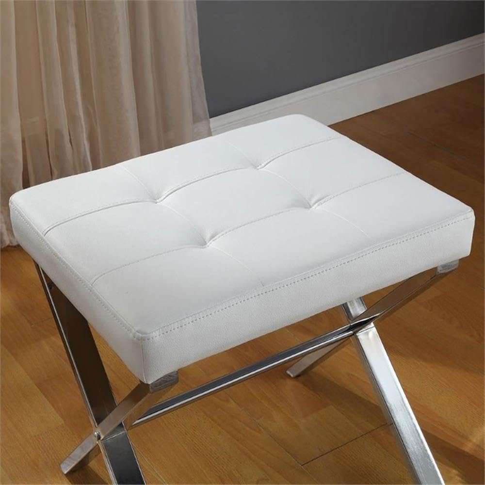 Pemberly Row Modern Vanity Bench, Chrome X-Base, White Faux Leather Upholstery, Tufted Cushion, 20' L x 16' D x 19' H, Sleek Contemporary Design for Bedroom or Indoor Use