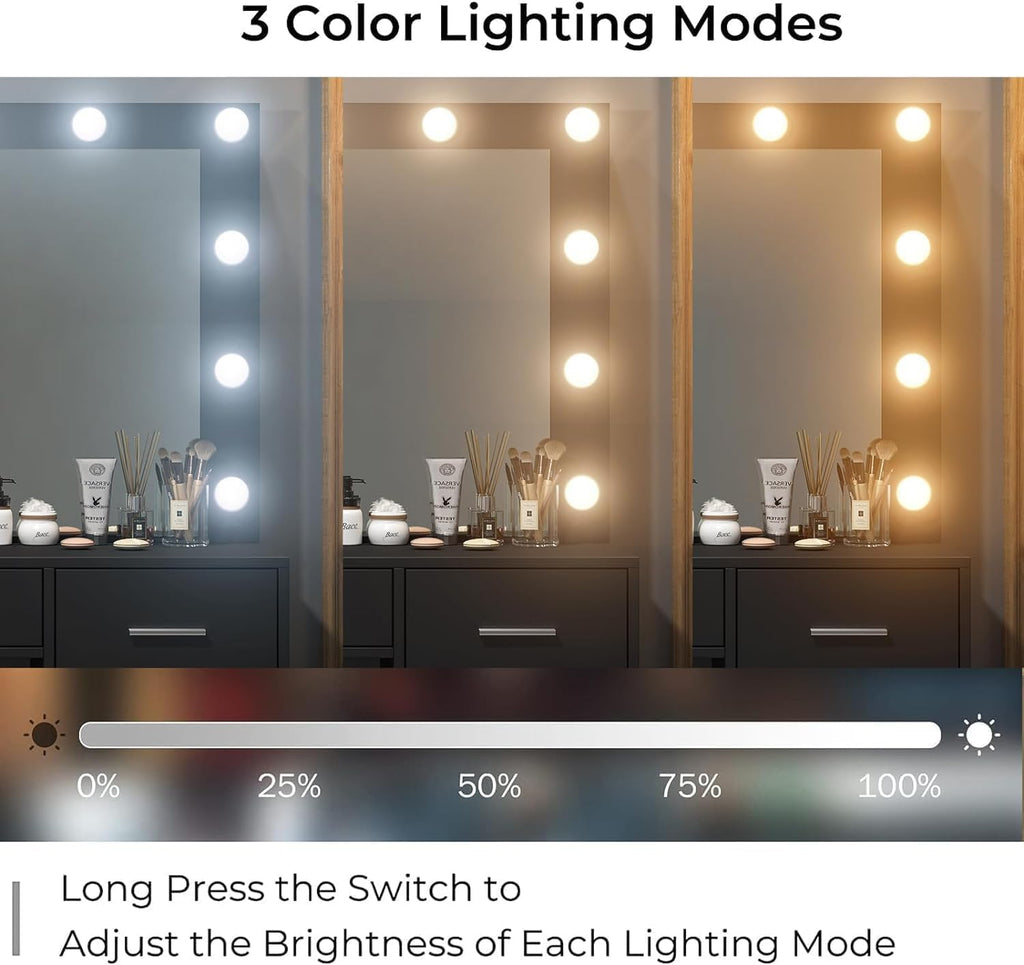FUSOU Vanity Desk with Power Outlet, 37''W Make Up Vanity with Lighting Mirror, 3 Lighting Modes Adjustable, 5 Drawers Dressing Table for Bedroom, Dressing Room, Live Broadcast Room, Black