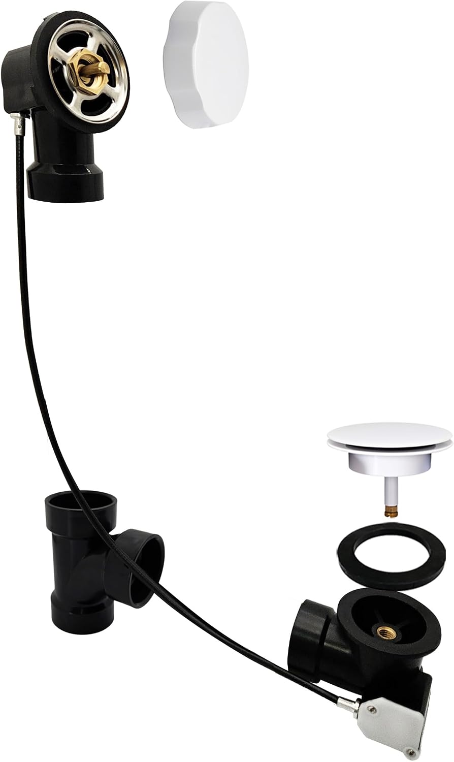Westbrass A50A35-50 35' SCH. 40 ABS Cable Driven Bath Drain Trim Kit with Rotary Overflow Cover Knob and Pop-Up Stopper, White