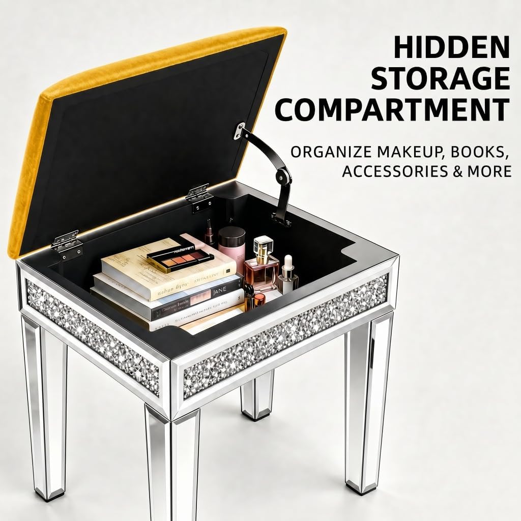 Vanity Stool with Storage – Mirrored Legs, Velvet Cushioned Ottoman, Hidden Compartment, Sparkling Diamond Trim, Glam Makeup Chair & Piano Bench - Silver & Yellow