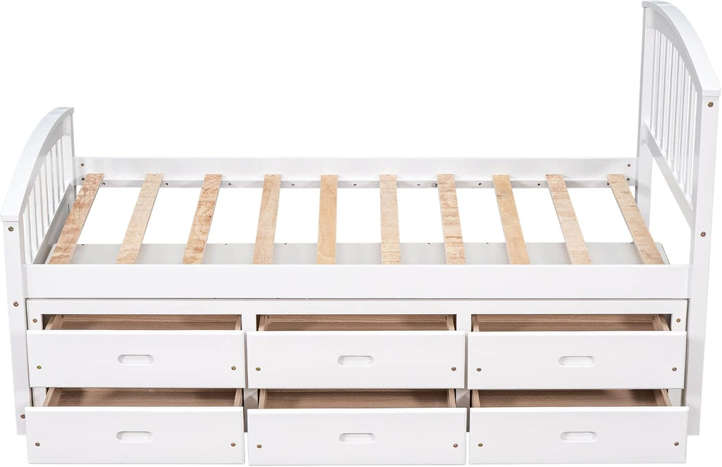 SOFTSEA Twin Captain Bed for Kids, Solid Wood Storage Bed with 6 Drawers, No Box Spring Needed, White