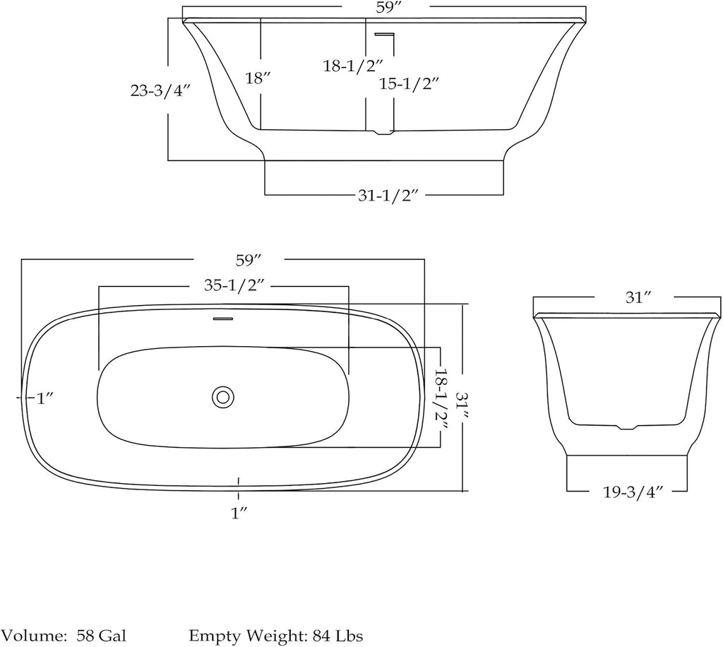 Elegance 59 in. L x 31 in. W x 23-5/8 in. H Freestanding Acrylic Bathtub, Brushed Nickel Drain