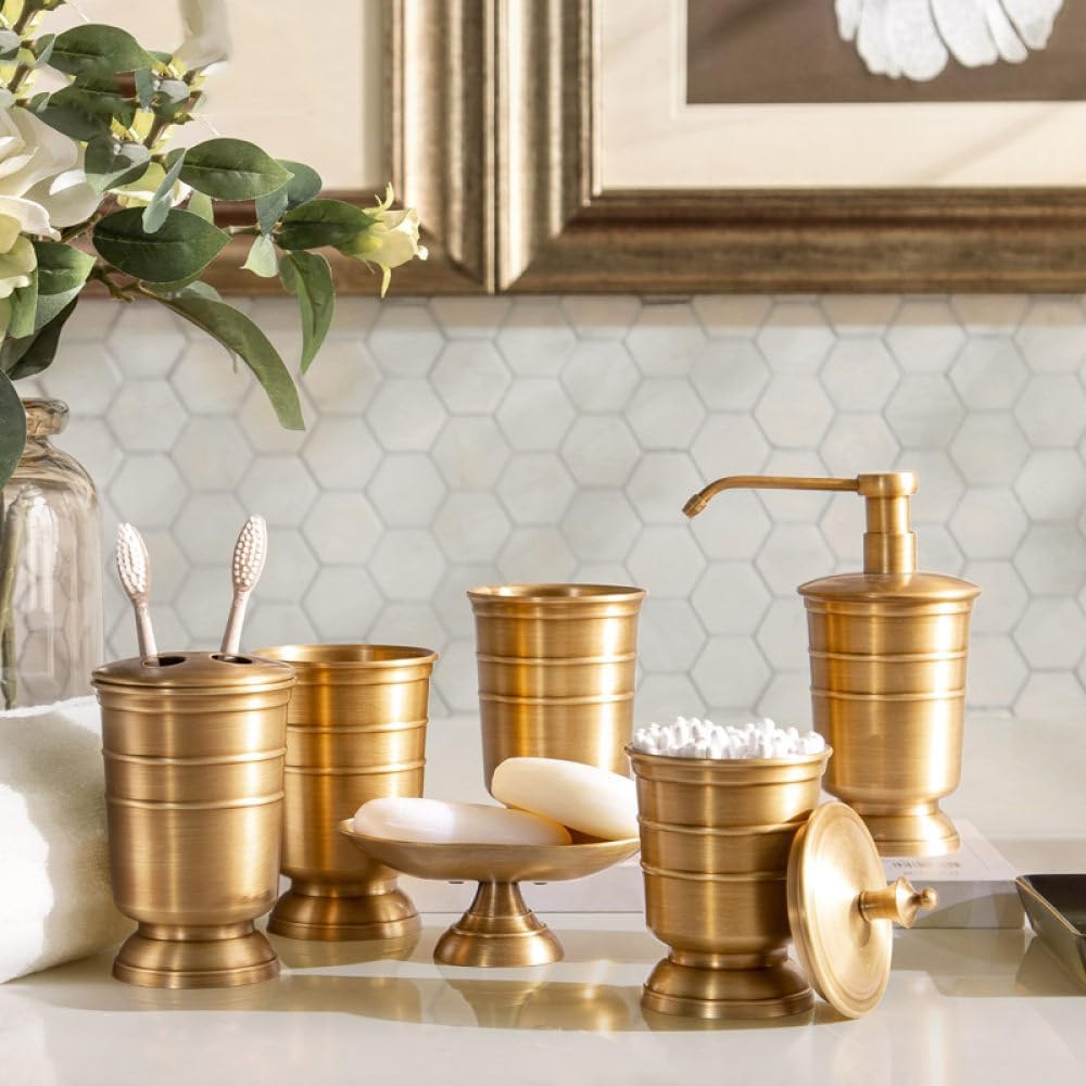 Bathroom Accessories Set Countertop 5 Pcs, Toothbrush Holder & Cup, Soap Dispenser,Soap Dish, Storage Can, Antique Bronze,Multi Function Can