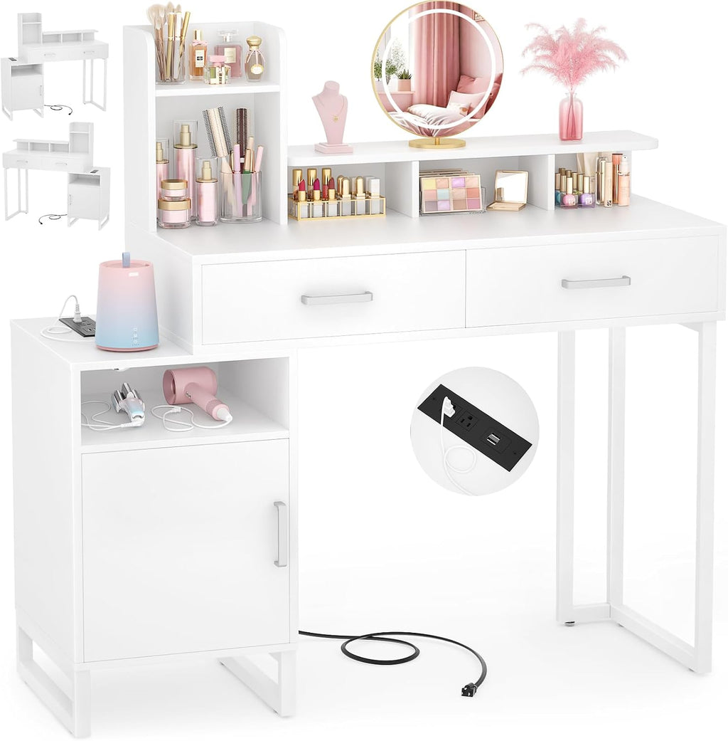 Besiost Vanity Desk, Small Vanity Desk with Power Outlet, Makeup Desk with Drawers and Cabinets, Vanity Set with Storage Shelves for Bedroom, No Mirror, White