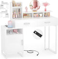 Besiost Vanity Desk, Small Vanity Desk with Power Outlet, Makeup Desk with Drawers and Cabinets, Vanity Set with Storage Shelves for Bedroom, No Mirror, White