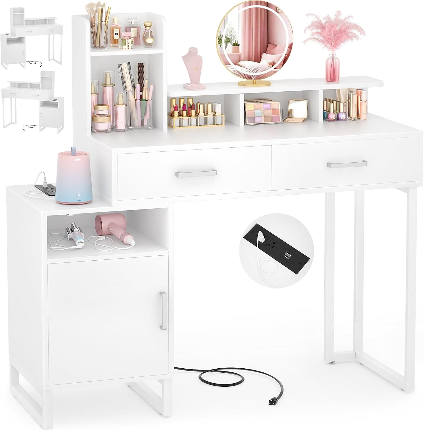 Besiost Vanity Desk, Small Vanity Desk with Power Outlet, Makeup Desk with Drawers and Cabinets, Vanity Set with Storage Shelves for Bedroom, No Mirror, White
