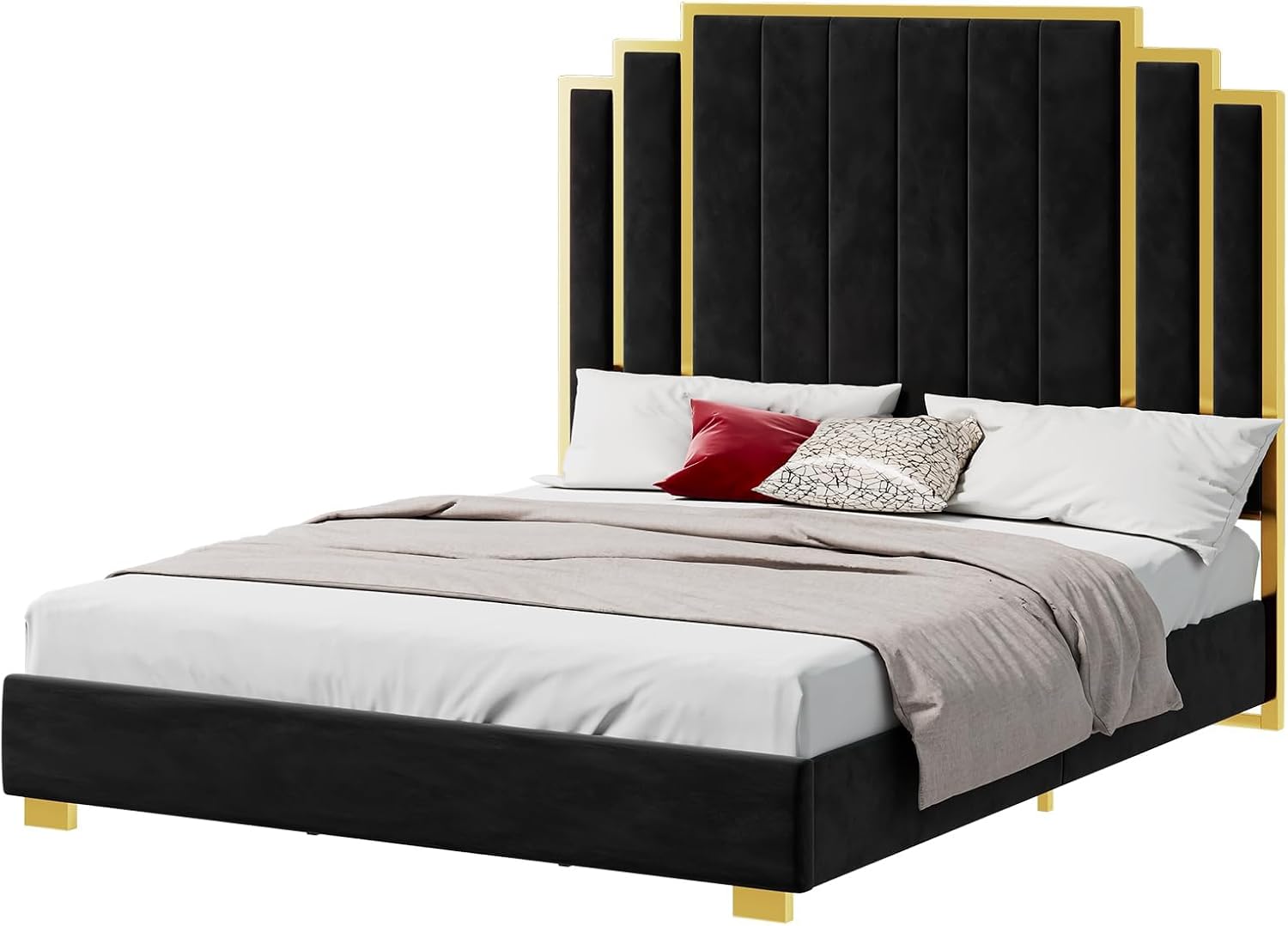 YUMPIE California King Size Platform Bed Frame with 65' Extra Tall Headboard, Velvet Upholstered Bed with Golden Plating Trim, Wooden Slats/No Box Spring Needed/Noisy Free/Black