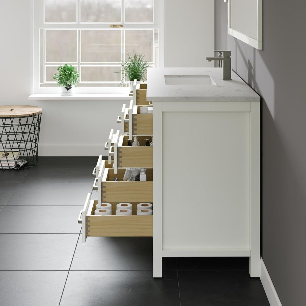Eviva London 48 White Bath Vanity - Freestanding Countertop Quartz - Single Sink Bathroom Vanity with Porcelain Sink Combo