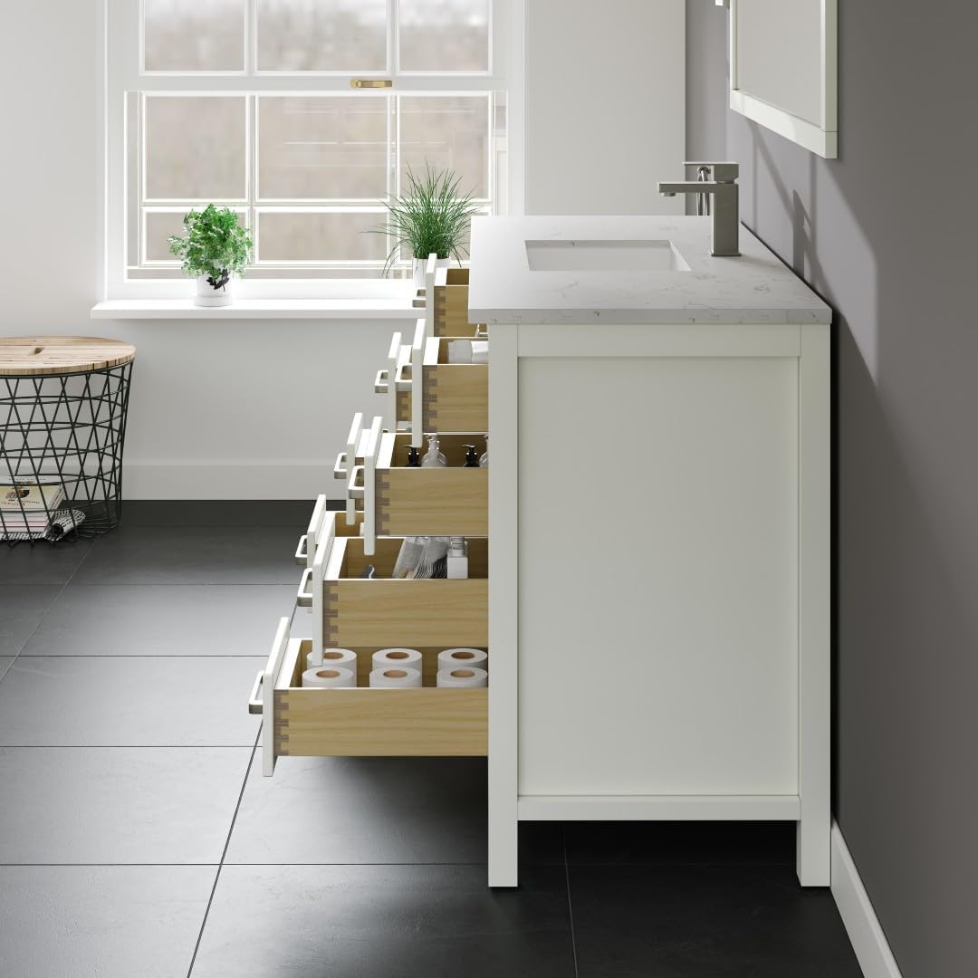 Eviva London 48 White Bath Vanity - Freestanding Countertop Quartz - Single Sink Bathroom Vanity with Porcelain Sink Combo