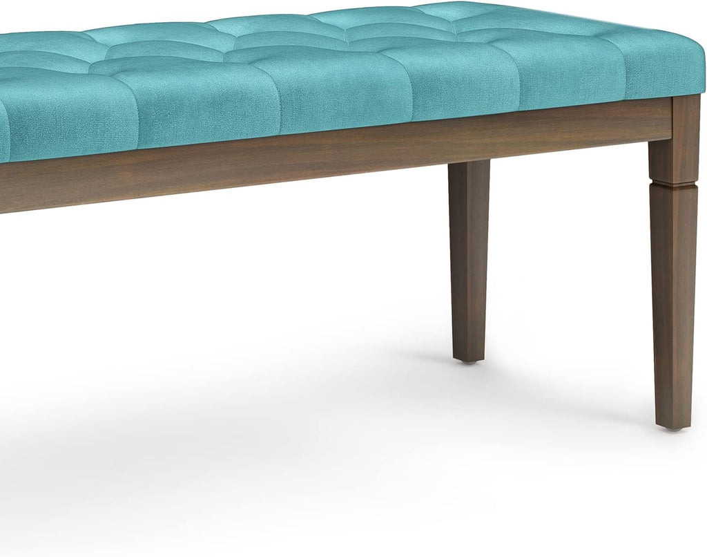 SIMPLIHOME Waverly 48 inch Wide Traditional Rectangle Tufted Ottoman Bench in Aqua Velvet Fabric, Assembled for the Living Room and Bedroom