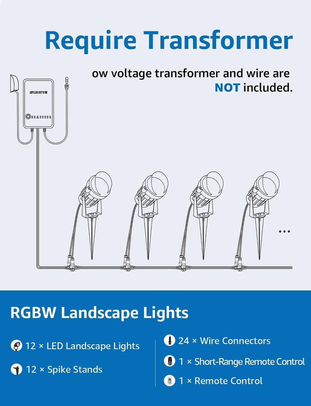 SUNVIE RGBW Low Voltage Landscape Lights Color Changing 12W LED Landscape Lighting Outdoor Waterproof Remote Control for Garden Yard Pathway Christmas Decorative Lighting, 12 Pack with Connector