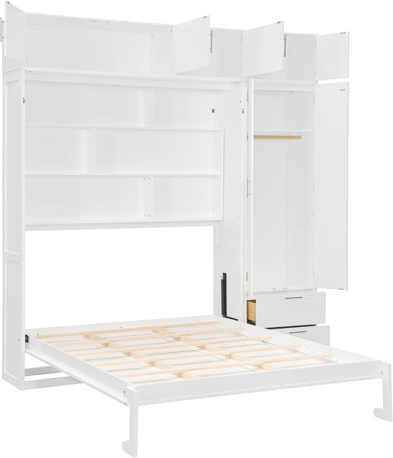 Merax Queen Size Murphy Bed with Shelves, Top Cabinet and Wardrobe, Fold into The Wall, Space-Saving Design Foldable Platform Bed Frame for Bedroom, Guest Room, Home Office, White