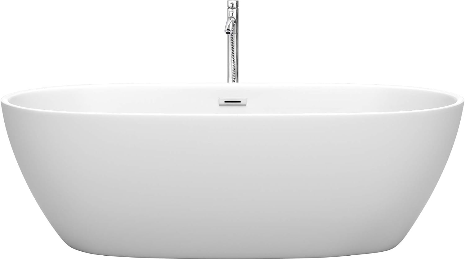 'Juno 71 Inch Freestanding Bathtub in Matte White with Floor Mounted Faucet, Drain and Overflow Trim in Polished Chrome'