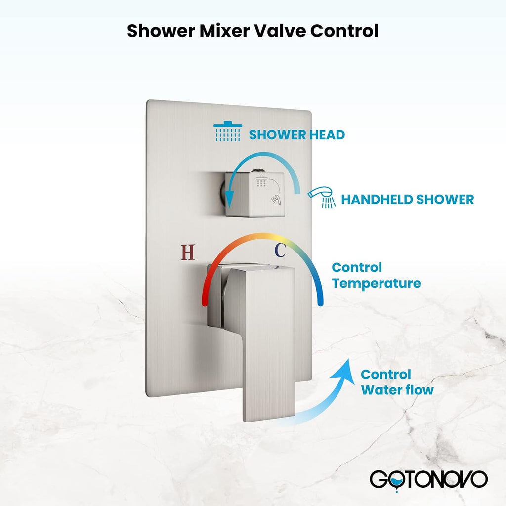 gotonovo 10' Rain Shower System Brushed Nickel Luxury High Pressure Shower Head with Hand Held Spray Rough-in Valve with Widespread Bathroom Faucet 3 Holes Deck Mounted with Pop Up Drain