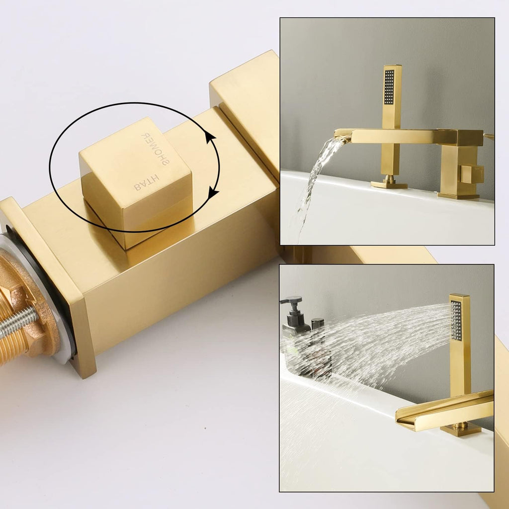 Waterfall Roman Tub Faucet with Hand Shower, Brass Bathtub Faucet Deck Mount Tub Filler Faucets with Sprayer Brushed Gold