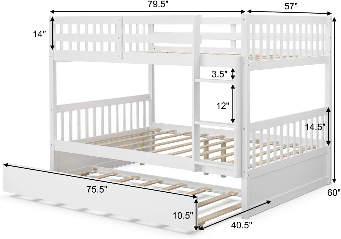KOMFOTT Wood Full Over Full Bunk Bed with Trundle, Full Bed Frame with Ladder, Solid Wood Frame & Safety Guardrails, Space-Saving Bunk Bed for Teens & Adults, No Box Spring Needed