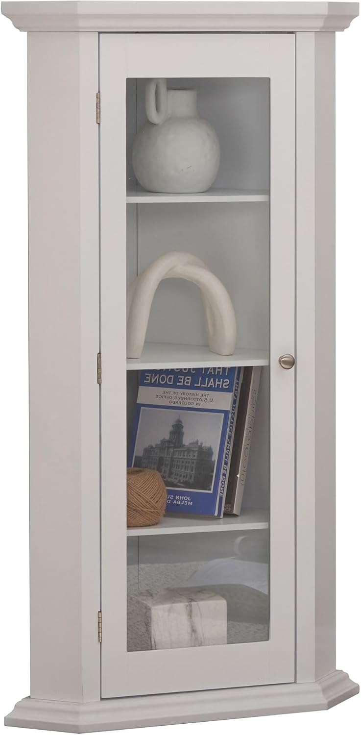 Kings Brand Furniture - Corner Curio Storage Cabinet with Glass Door, White Finish