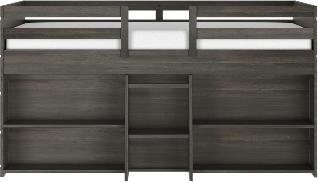 Max & Lily Modern Farmhouse Low Loft Bed, Twin Bed Frame for Kids with 2 Bookcases, Driftwood
