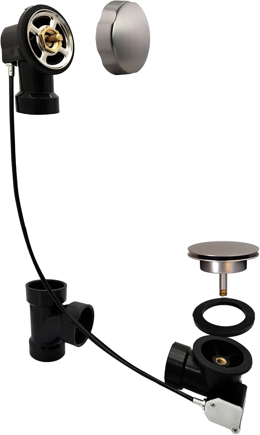 Westbrass A50A27-07 27' SCH. 40 ABS Cable Driven Bath Drain Trim Kit with Rotary Overflow Cover Knob and Pop-Up Stopper, Satin Nickel