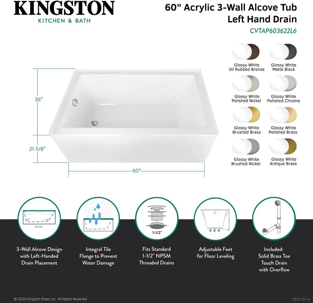 Aqua Eden CVTAP603622L5 60' Acrylic Rectangular 3-Wall Alcove Tub, Left Hand Drain, Glossy White/Oil Rubbed Bronze