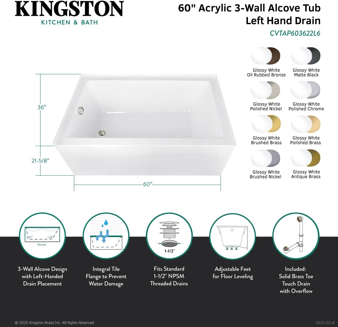 Aqua Eden CVTAP603622L5 60' Acrylic Rectangular 3-Wall Alcove Tub, Left Hand Drain, Glossy White/Oil Rubbed Bronze