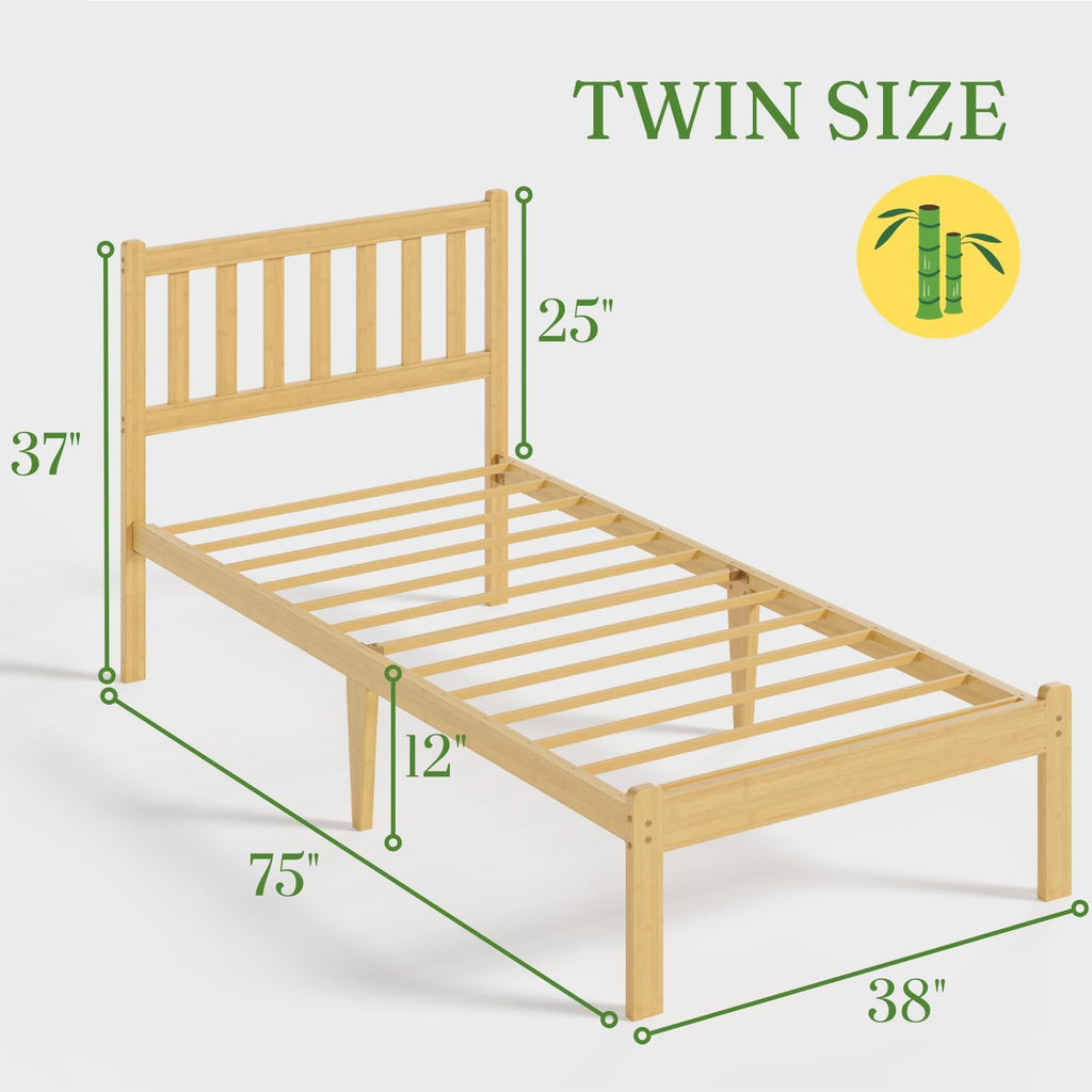 12 in High Solid Bamboo Wood Twin Bed Frame with Headboard, Platform Twin Size Bed Frame, Heavy Duty, No Box Spring Needed, Nosie Free