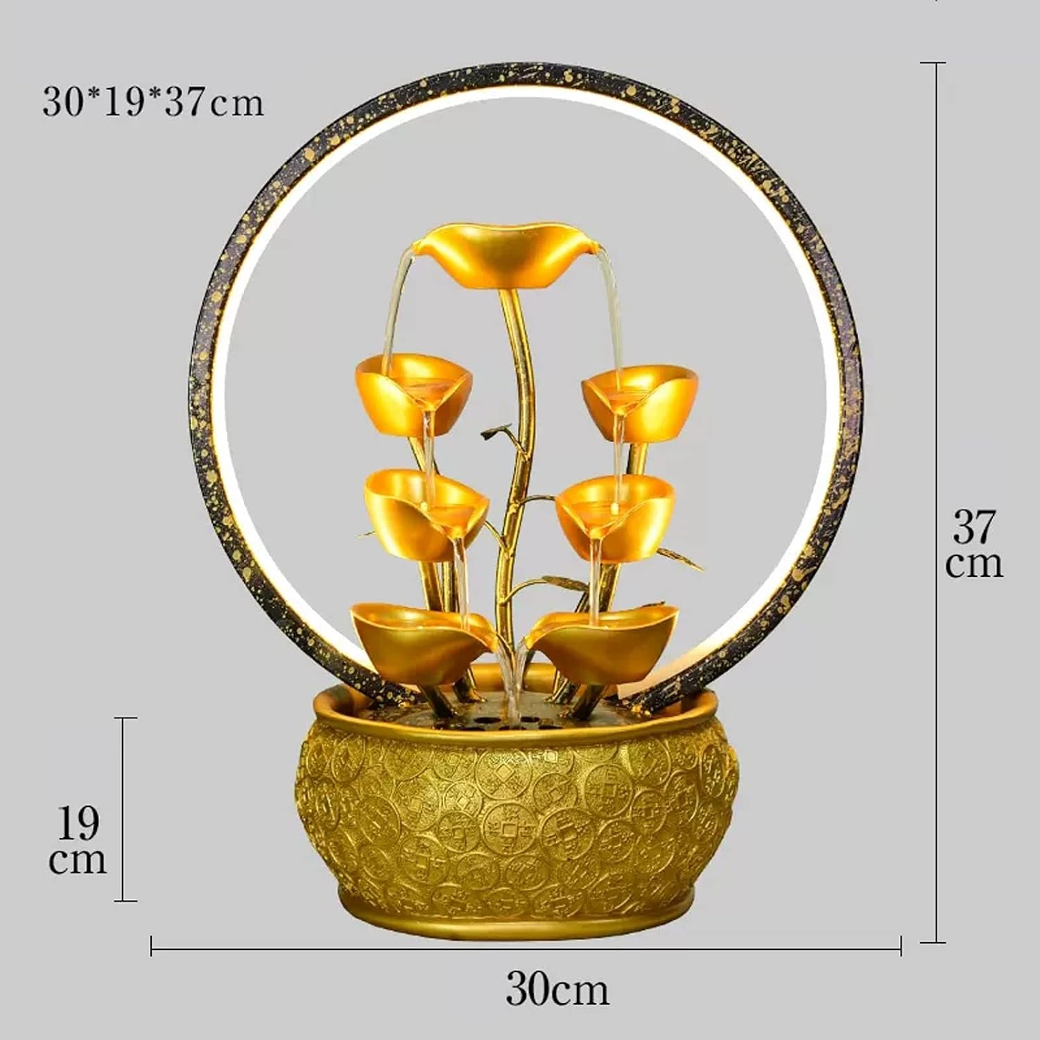 Tabletop Fountain Indoor Fountain Tabletop Waterfall Fountains Relaxation Water Feature Feng Shui Good Luck Wealth Desktop with Light Home and Office Decor, Gold(Small)