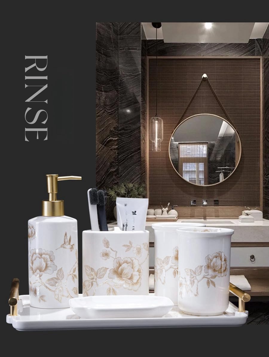 Bathroom Counter Organizer,Bathroom Accessories Set 5 Pcs Ceramics Flower Pattern Sets Soap Dispenser Toothbrush Holder Countertop Bathroom Apartment Decor Stuff Easter Home Decor Five-Piece Set