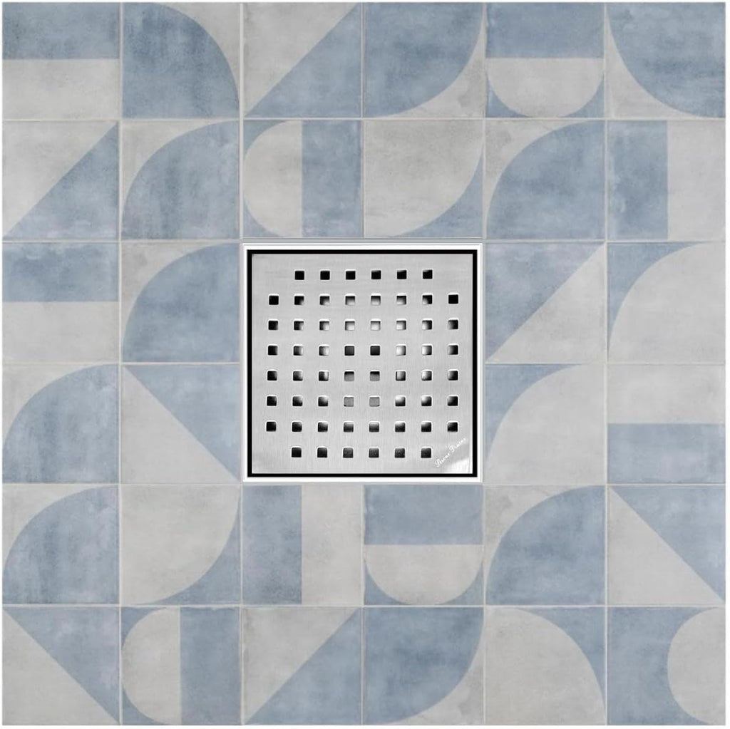 Serene Square Shower Drains - Traditional Square Design 6 Inch- stainless steel Luxurious line by Serene Steam include Rubber fitting (Brushed Nickel)