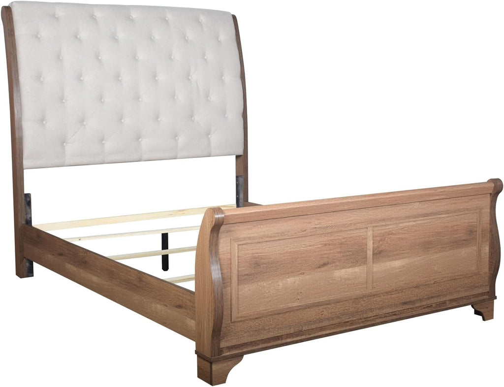 HomeStock 5-Piece Bedroom Set with Upholstered Bed in Pecan Finish - Includes Headboard, Footboard, Slat Kit, 2 Side Rails, Dresser, Mirror, 2 Nightstands California King