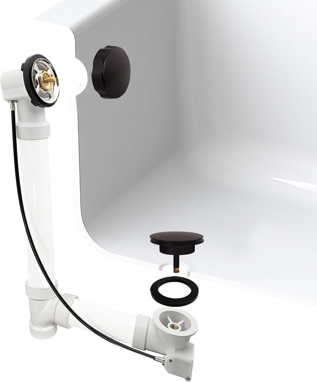 Westbrass A50P45-12 45' SCH. 40 PVC Cable Driven Bath Drain Trim Kit with Rotary Overflow Cover Knob and Pop-Up Stopper, Oil Rubbed Bronze
