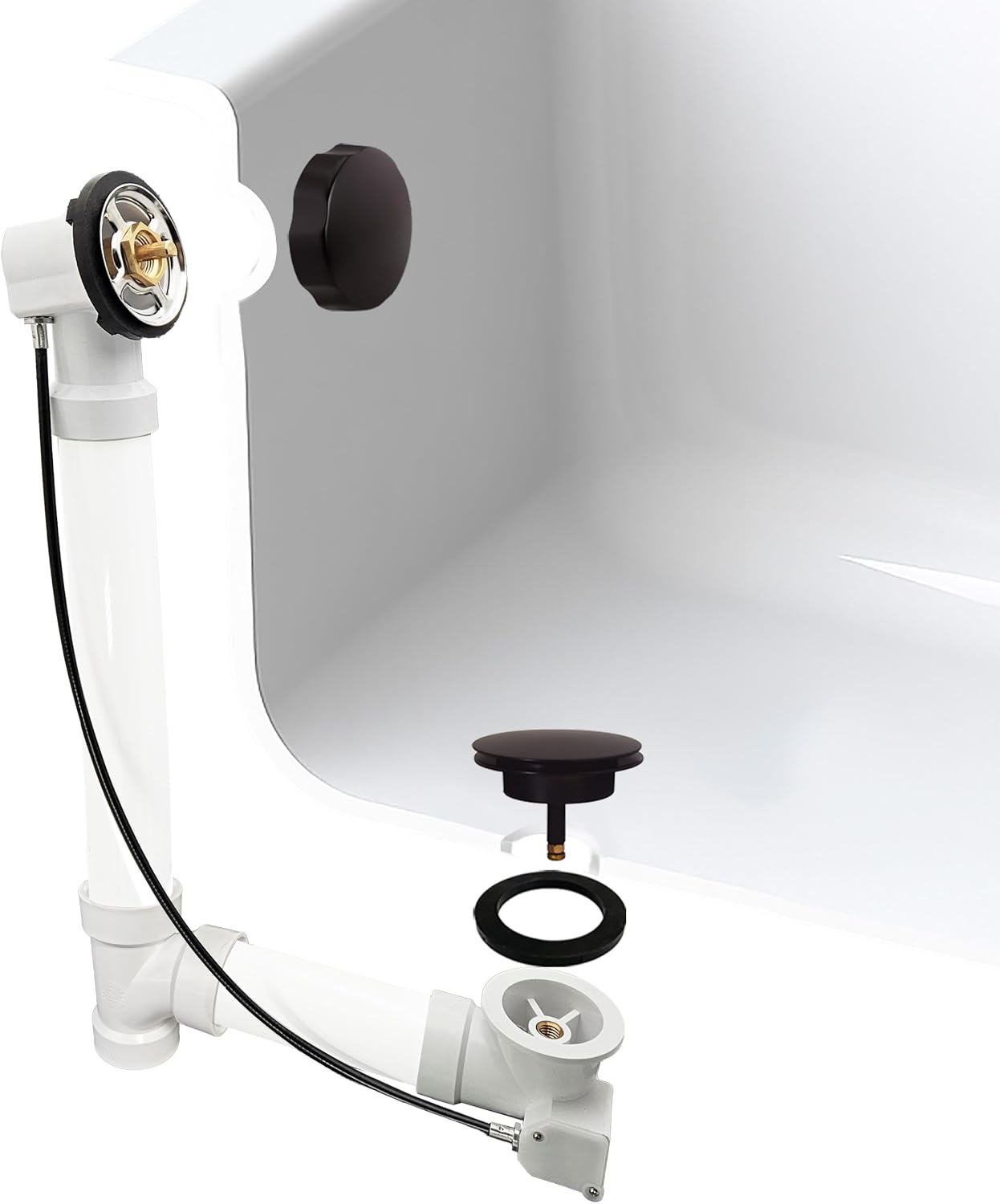Westbrass A50P45-12 45' SCH. 40 PVC Cable Driven Bath Drain Trim Kit with Rotary Overflow Cover Knob and Pop-Up Stopper, Oil Rubbed Bronze