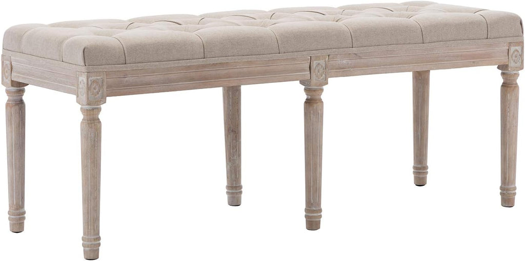 Kmax 45.3' Upholstered Dining Room Bench, Rustic Living Room Ottoman Bench with Carved Pattern & Rustic White Brushed Rubber Wood Legs, Beige