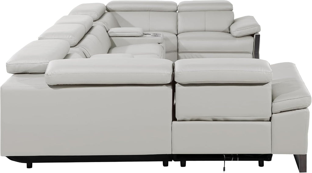 BlackJack Furniture Antonio 8 Piece U Shaped Power Reclining Sectional Sofa, Modular Couch with Top Grain Italian Leather, 4 Electric Recliners, USB & Wireless Chargers, Storage Console, Light Grey