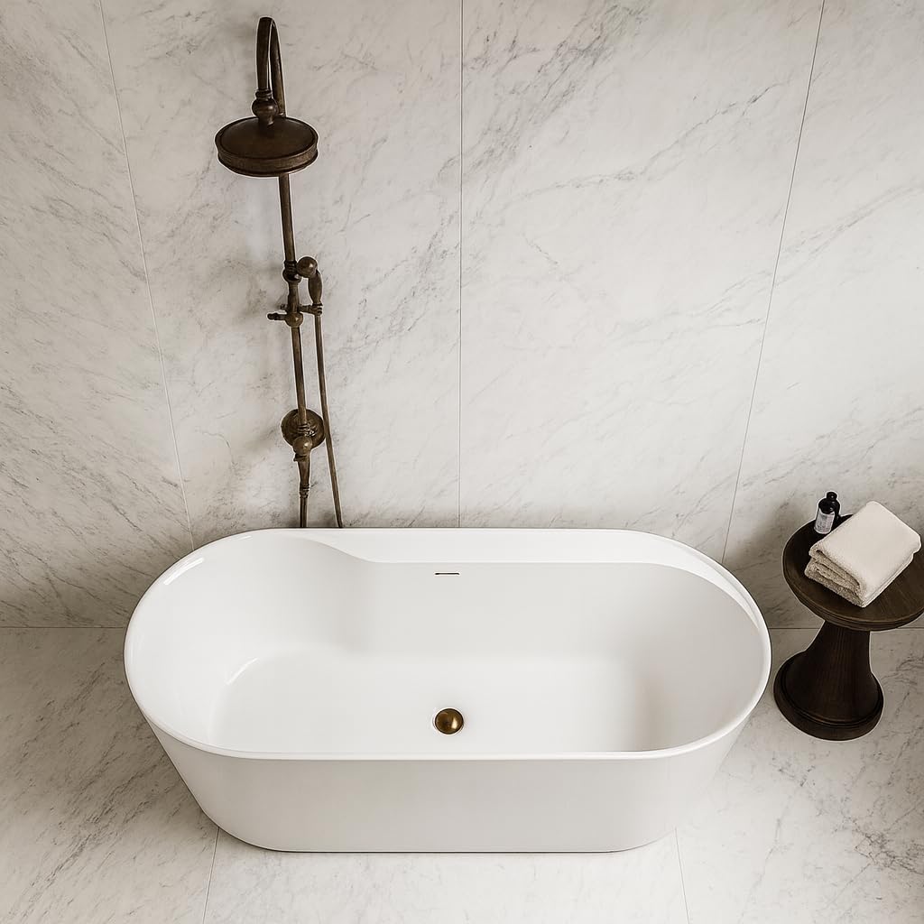 Carver Tubs - Amur 70' - Modern White Freestanding Soaking Bathtub With Brushed Nickel Drain - Modern Spacious Oval Acrylic Fiberglass Bath Tub - Deep Relaxing Soak - 70.5″L x32.5'W x 23'H
