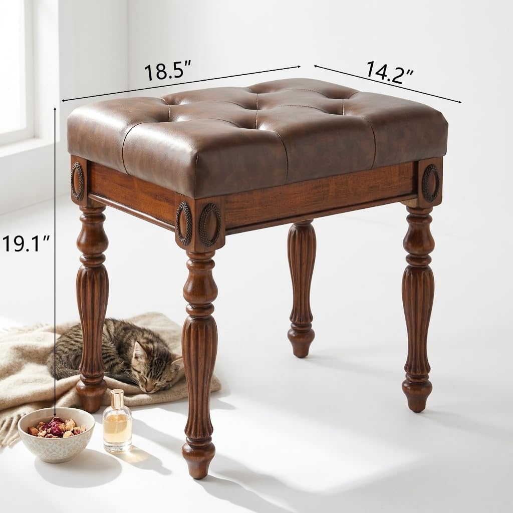 Vanity Stool Bench for Makeup Room, Upholstered Piano Bench with Faux Leather, Shoe Bench with Carved Wood Leg, 18.5' x 14.2' x 19.1' Bed End Benchs, Tool-free Assembly, Walnut &Cherry Brown FD1533BN