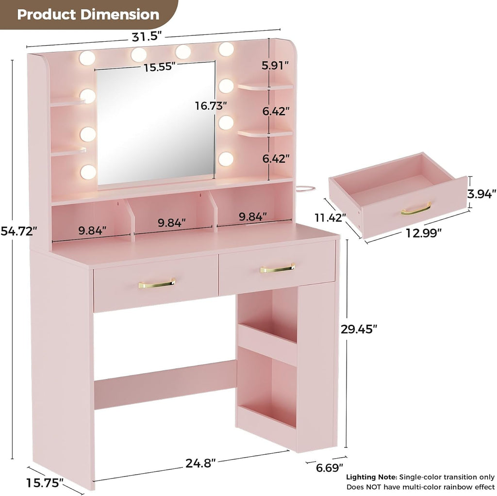 COMHOMA Vanity Desk with Lighted Mirror and Power Outlet, RGB LED Lights Makeup Vanity Set for Girls, Large Storage Capacity Dressing Table for Bedroom, 3 Lighting Modes Adjustable Brightness, Pink