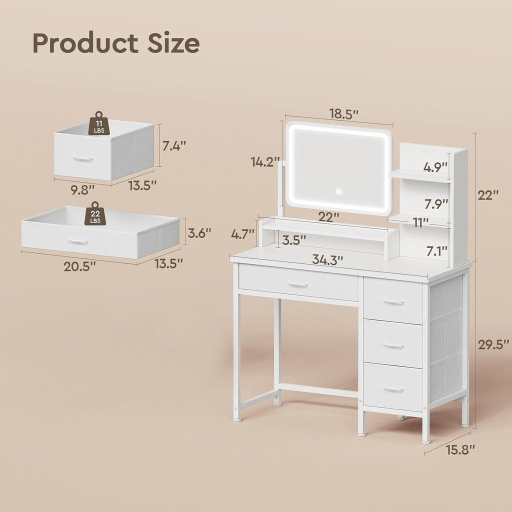 YeTom Vanity Desk with Mirror and Lights, Makeup Vanity Desk with 4 Fabric Drawers & Storage Shelves & Side Table, 3 Color Modes & Adjustable Brightness, White Vanity, Bedroom Furniture