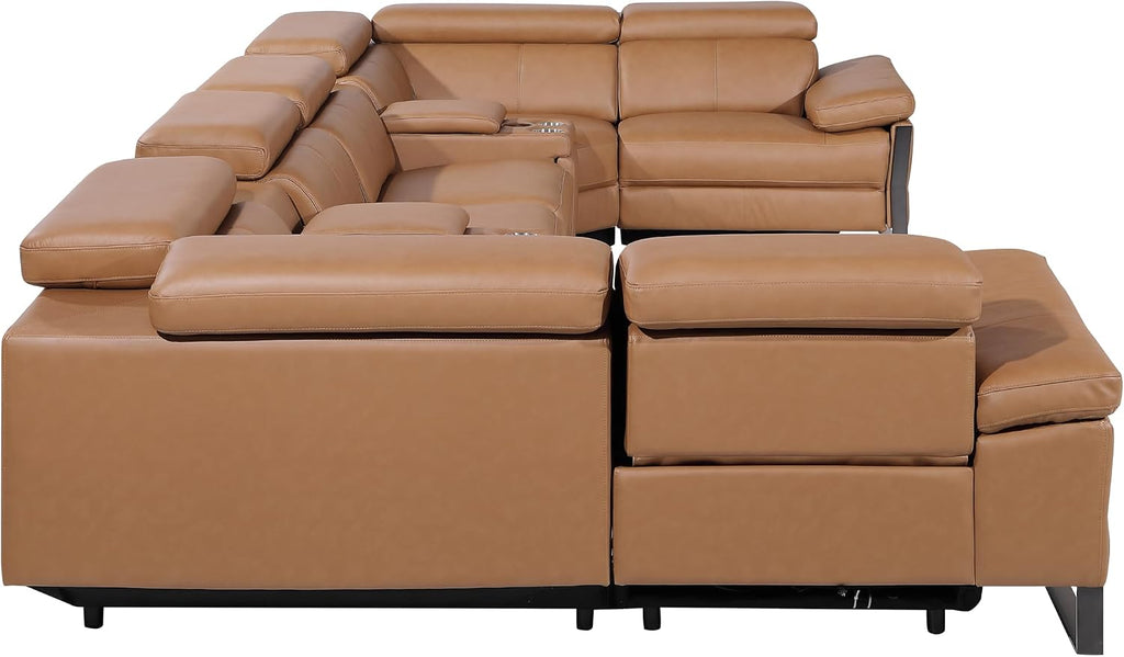 BlackJack Furniture Antonio 8 Piece U Shaped Power Reclining Sectional Sofa, Modular Couch with Top Grain Italian Leather, 4 Electric Recliners, USB & Wireless Chargers, Storage Console, Cognac