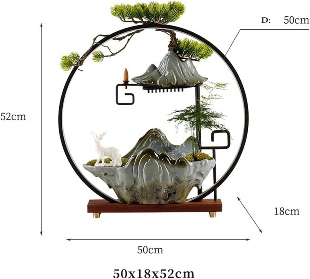 Tabletop Fountain Chinese Ceramic Waterfall Fountain Indoor with LED Light Ring and Backflow Incense Burner Holder