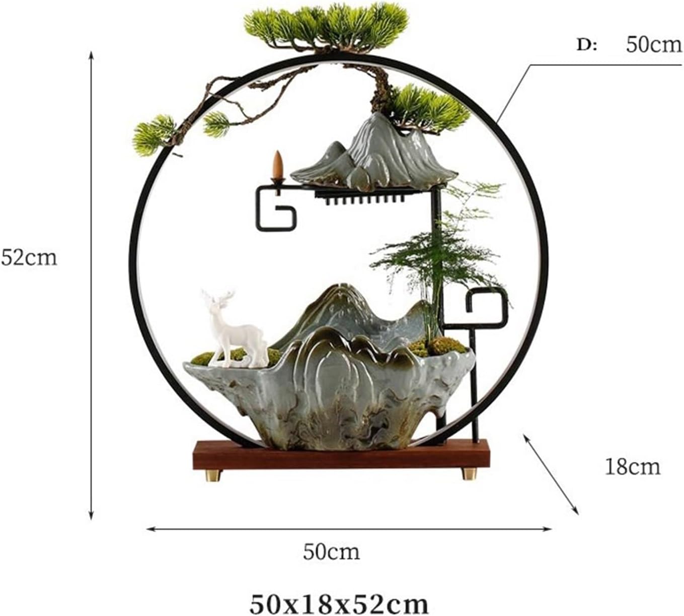 Tabletop Fountain Chinese Ceramic Waterfall Fountain Indoor with LED Light Ring and Backflow Incense Burner Holder