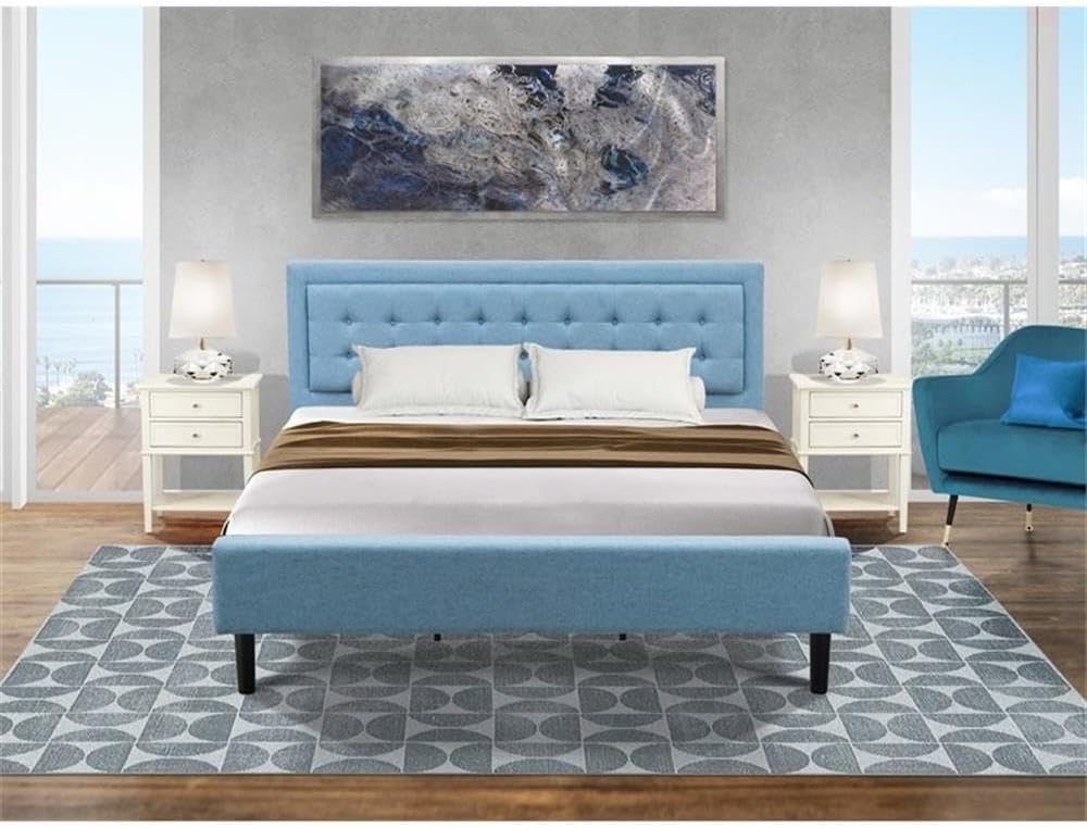 East West Furniture FN11K-2VL0C 3-Piece Platform Bed Set with 1 Modern Bed and 2 Bedroom Nightstands - Reliable and Sturdy Manufacturing - Denim Blue Linen Fabric