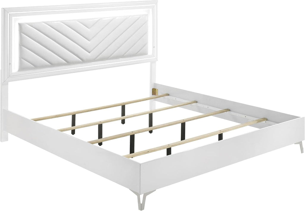 Coaster Home Furnishings - Cassia - Wood - 4-Piece Bedroom Set with Chevron-Tufted Headboard, LED Trim and Contemporary Design - Bedroom - Eastern King Size - White High Gloss - 215791KE-S4