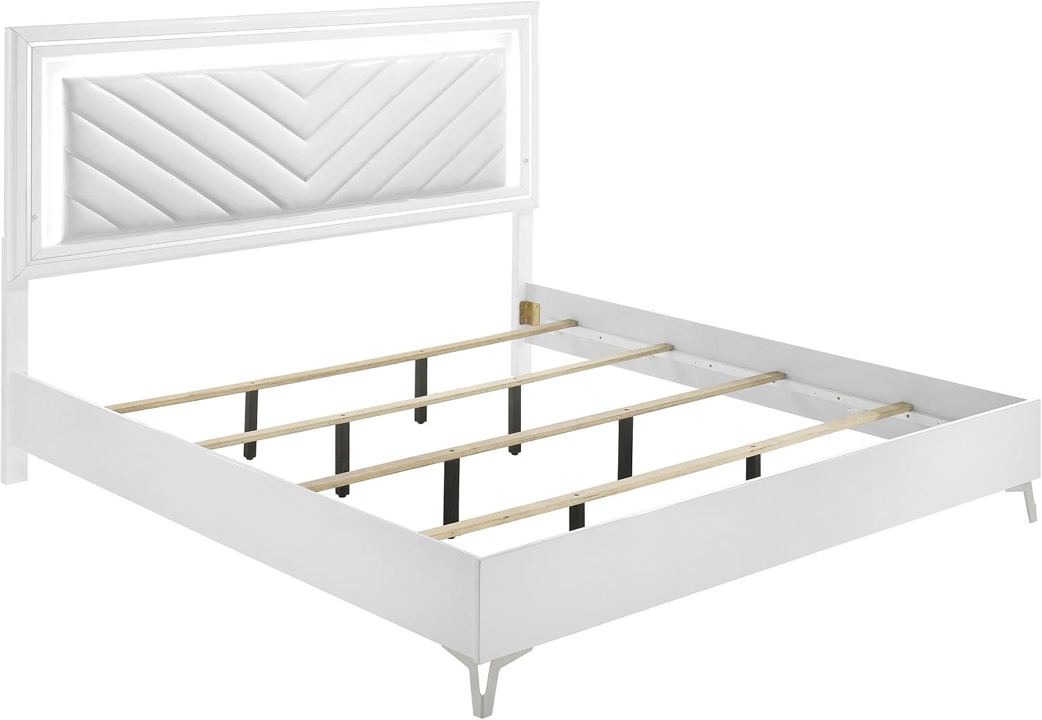 Coaster Home Furnishings - Cassia - Wood - 4-Piece Bedroom Set with Chevron-Tufted Headboard, LED Trim and Contemporary Design - Bedroom - Eastern King Size - White High Gloss - 215791KE-S4