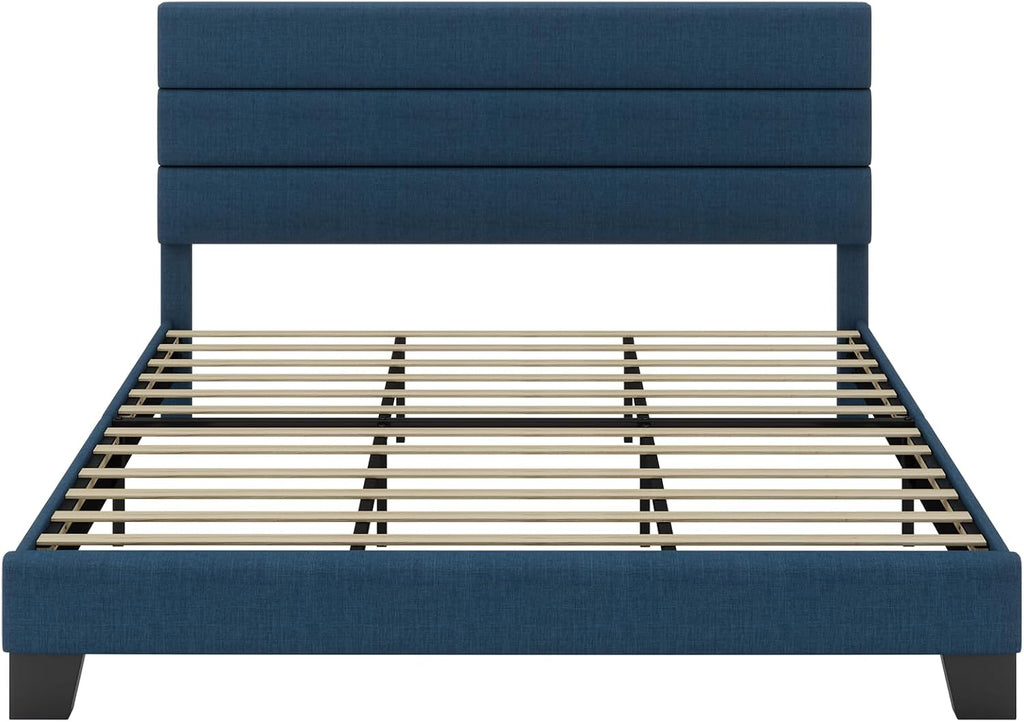 SHA CERLIN King Platform Bed Frame with Upholstered Fabric Headboard, Mattress Foundation with Strong Wooden Slats Support, No Box Spring Needed, Blue